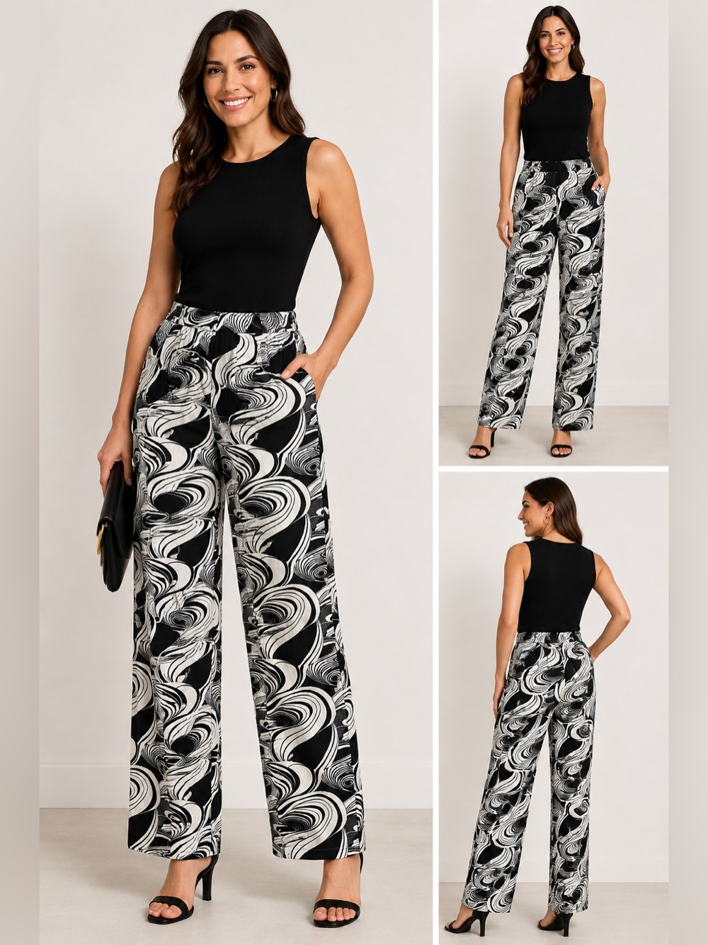 Adrianna Papell Black & White Wide-Leg Swirl Print Pants